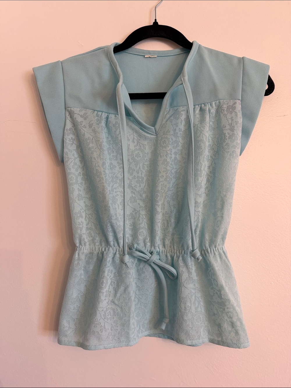 VINTAGE Y2K Light Blue Lace Drawstring Women’s Top Small Cap Sleeves EUC